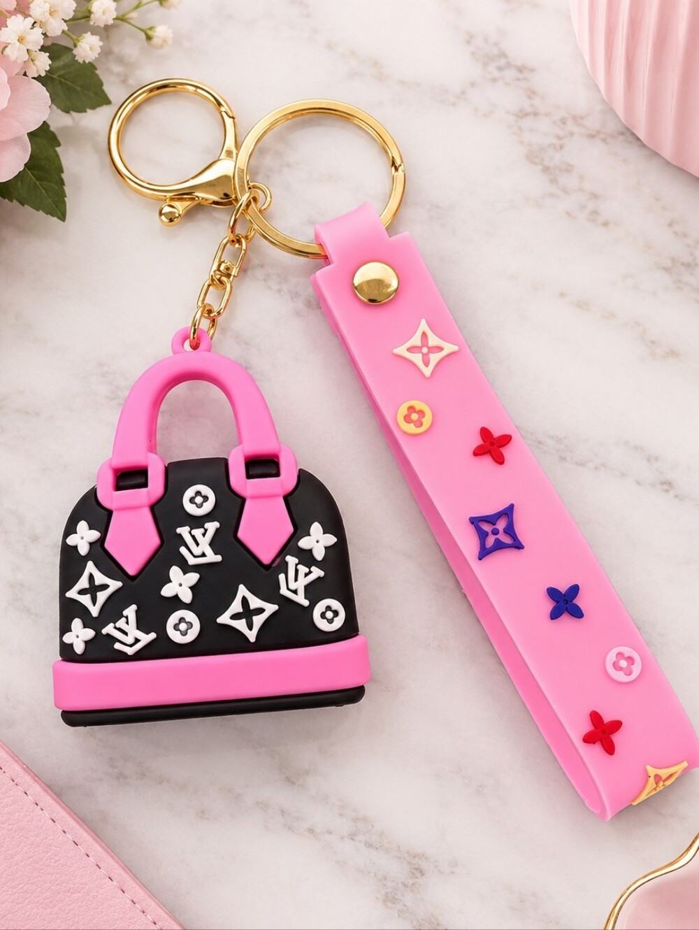 Pink and Black Designer-Inspired Handbag Keychain with Pink Strap